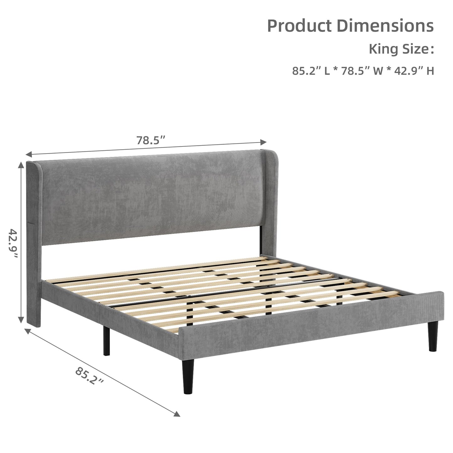 IDEALHOUSE King Upholstered Bed Frame with Wingback Headboard, Luxurious Velvet Upholstery Platform Bed, Wooden Slat Support, and Easy Assembly - Box Spring Optional, Light Gray