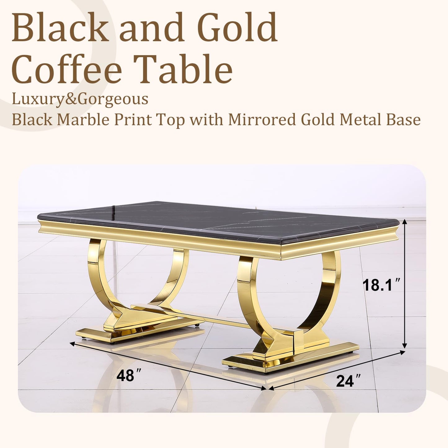 Asday Gold and White Coffee Table, Rectangle Marble Living Room Tea Table, Elegant Coffee Table for Living Room, Guest Hall, Reception Room