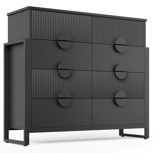 LGHM Fluted Gray Dresser for Bedroom, 50" Wide Chest of Drawers, Modern 6 Deep Drawers Dresser with Raised H Legs -Curved Profile Design, Easy Round Handles for Bedroom,Livingroom, Hallway, Gray