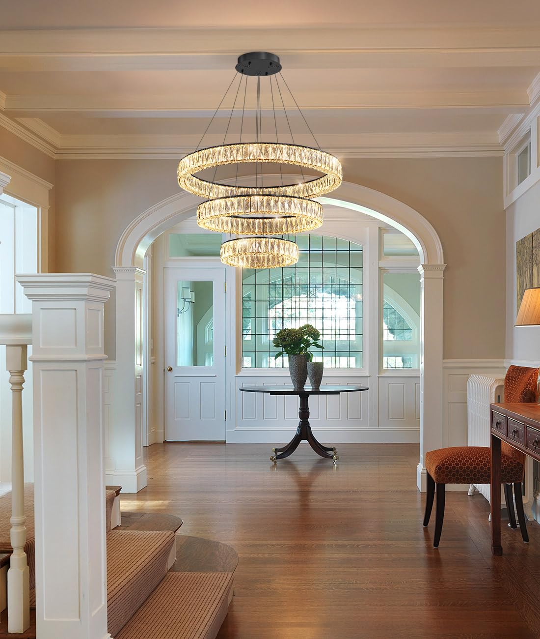 Modern Crystal Chandelier Dimmable LED Ring Pendant Lights Adjustable Glam Chandeliers Lighting Fixtures for Dining Room Living Room Bedroom Silver Light