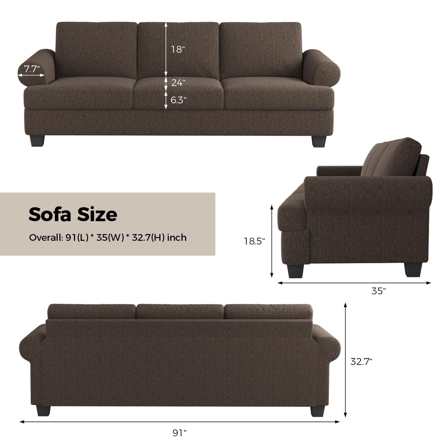 91 Inch Lawson Sofa with Extra Deep Seats Oversize, Mid-Century 3-Seat Sofa Couch, for Living Room, Apartment, Lounge, Dark Blue
