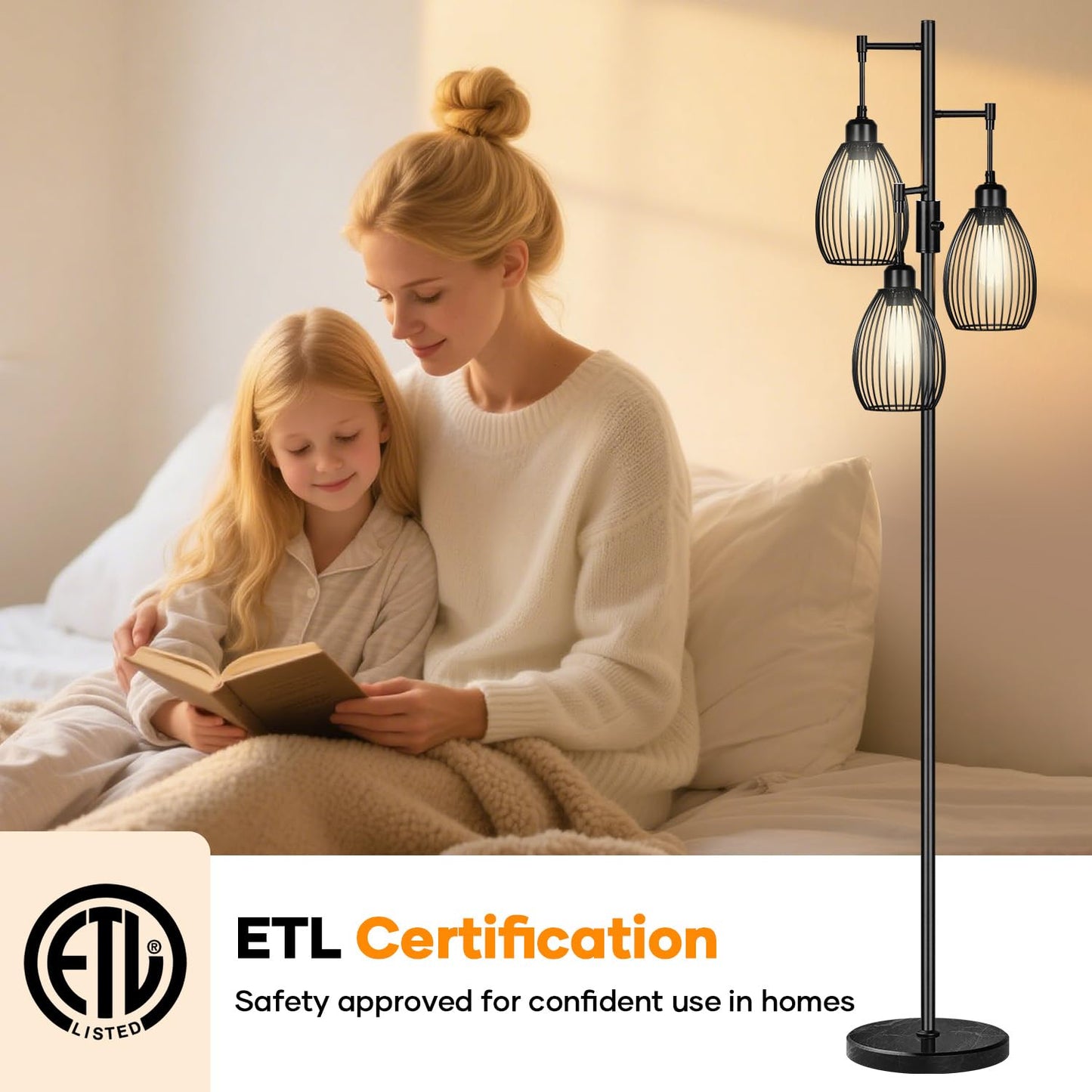 Dimmable Floor Lamp, 3 x 800LM LED Edison Bulbs Included, Farmhouse Industrial Floor Lamp Standing Tree Lamp with Elegant Teardrop Cage Tall Lamps for Living Room Bedroom Office Dining Room-Black