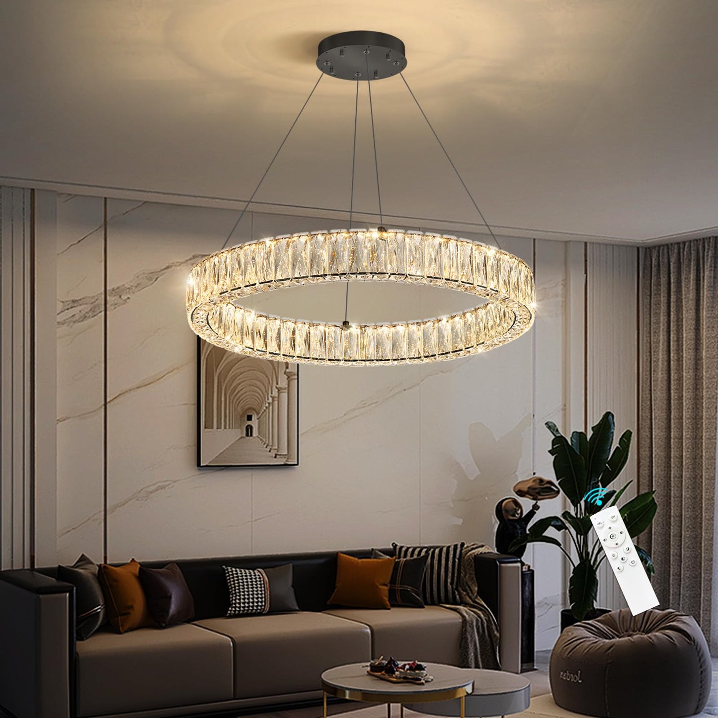 Modern Crystal Chandelier Dimmable LED Ring Pendant Lights Adjustable Glam Chandeliers Lighting Fixtures for Dining Room Living Room Bedroom Silver Light