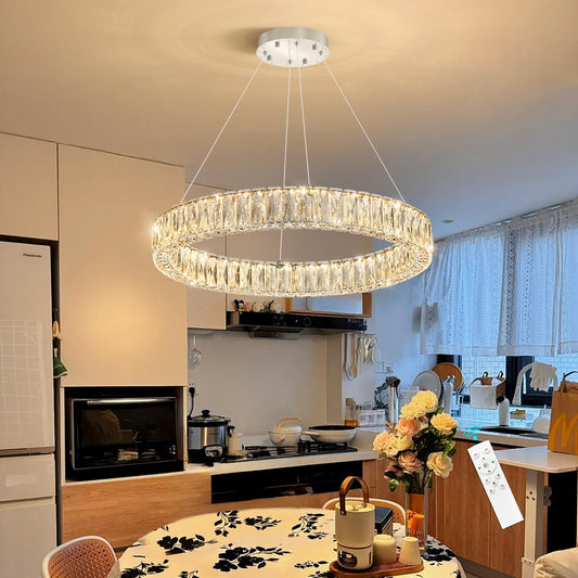 Modern Crystal Chandelier Dimmable LED Ring Pendant Lights Adjustable Glam Chandeliers Lighting Fixtures for Dining Room Living Room Bedroom Silver Light