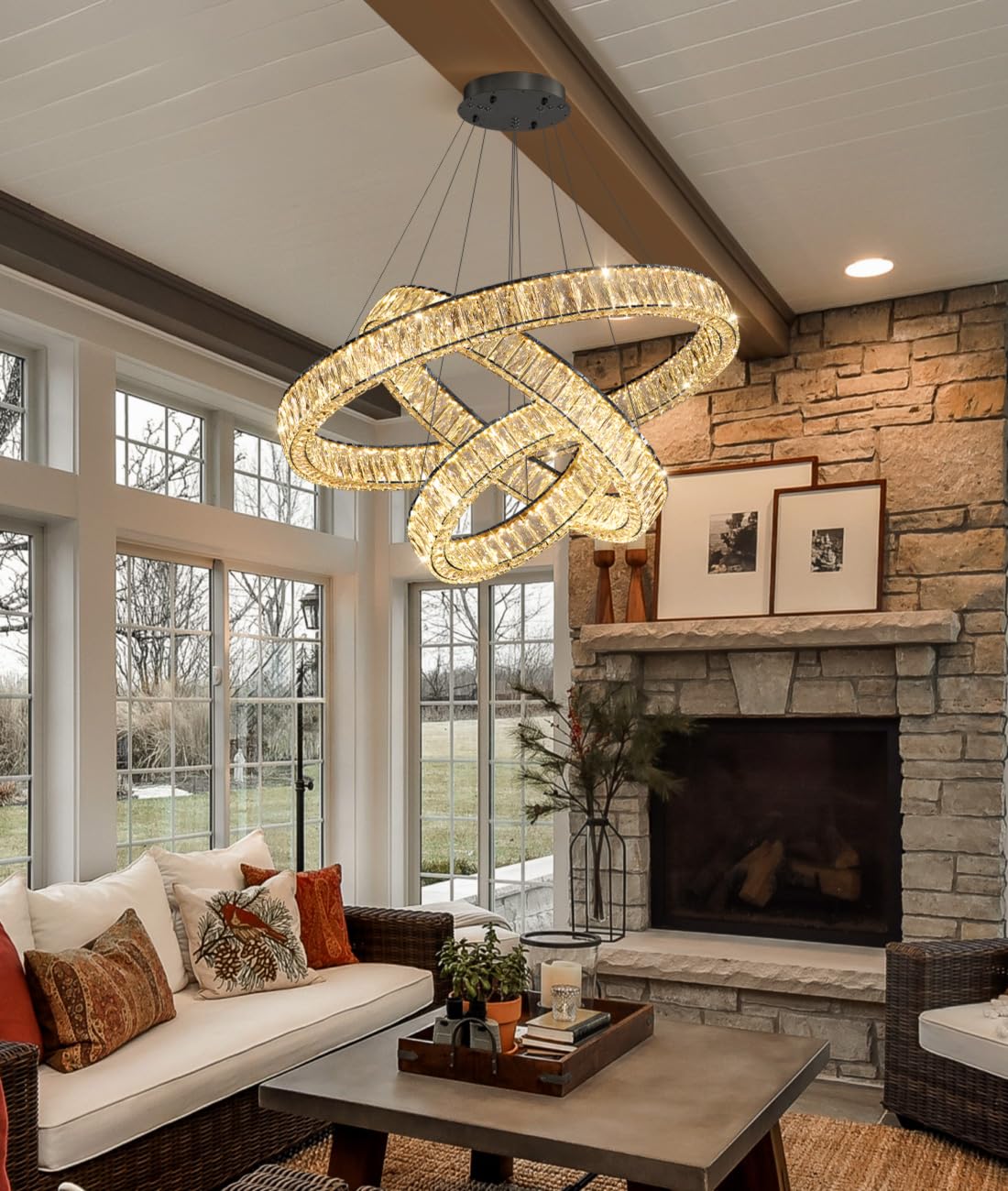 Modern Crystal Chandelier Dimmable LED Ring Pendant Lights Adjustable Glam Chandeliers Lighting Fixtures for Dining Room Living Room Bedroom Silver Light