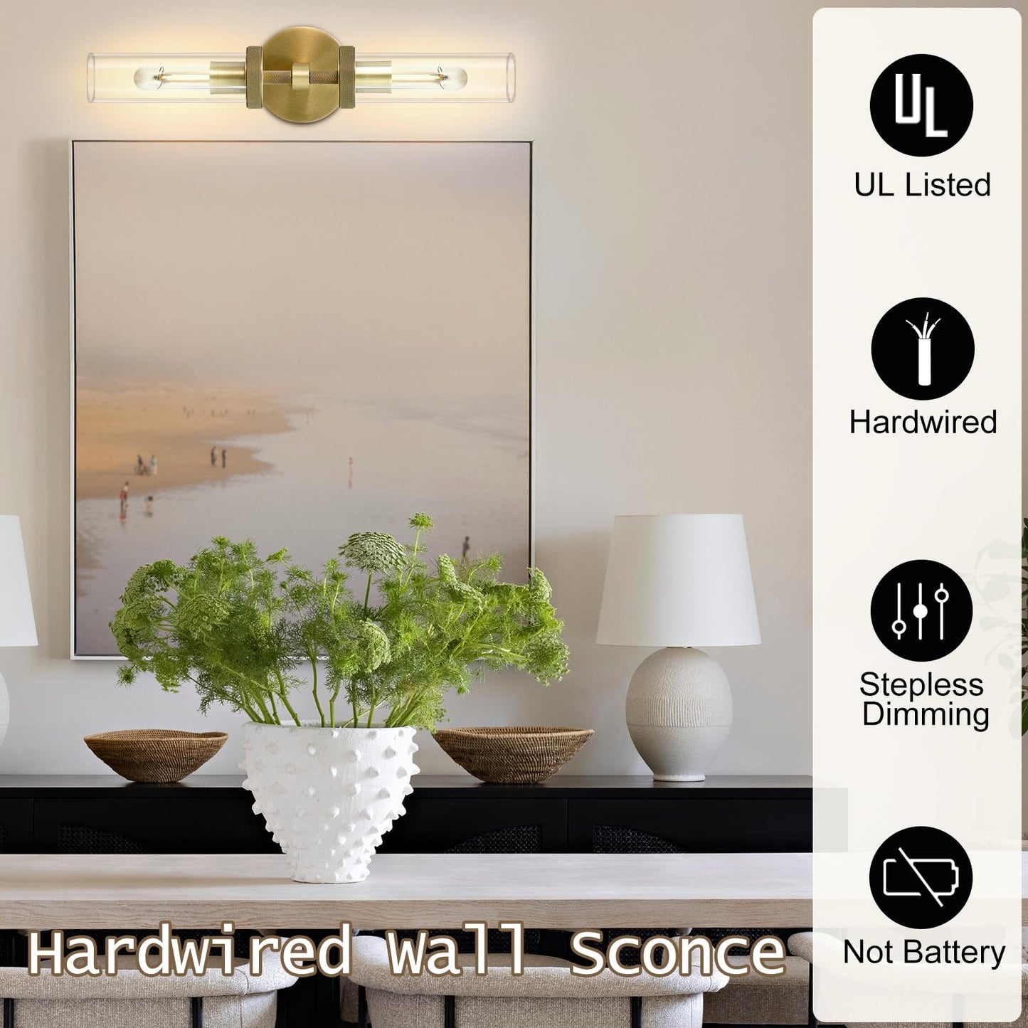 Brass Wall Sconces Set of Two, 19" Knurled Gold Sconces Wall Lighting, Tube Glass Bathroom Sconces Wall Lights for Bedroom Living Room Vanity Sconce Wall Lamp for Hallway, Staircase