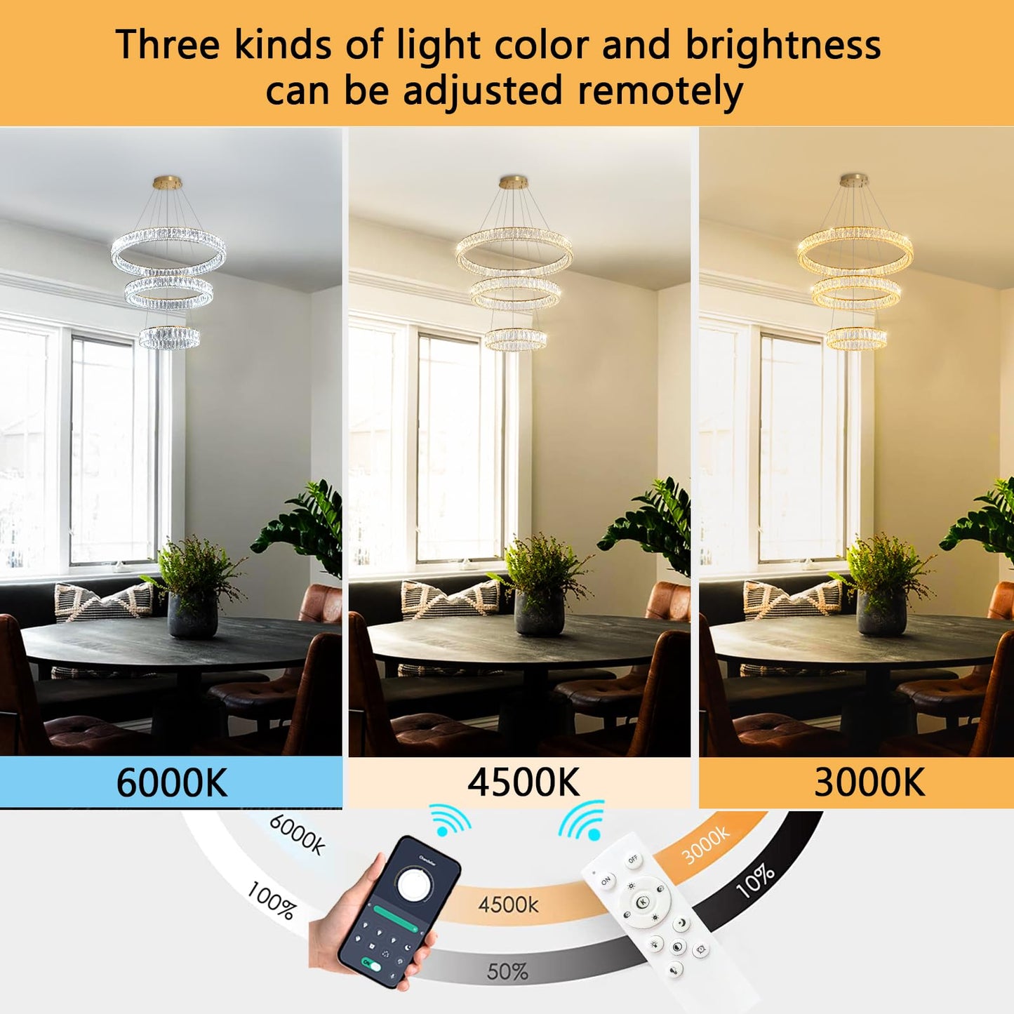 Modern Crystal Chandelier Dimmable LED Ring Pendant Lights Adjustable Glam Chandeliers Lighting Fixtures for Dining Room Living Room Bedroom Silver Light