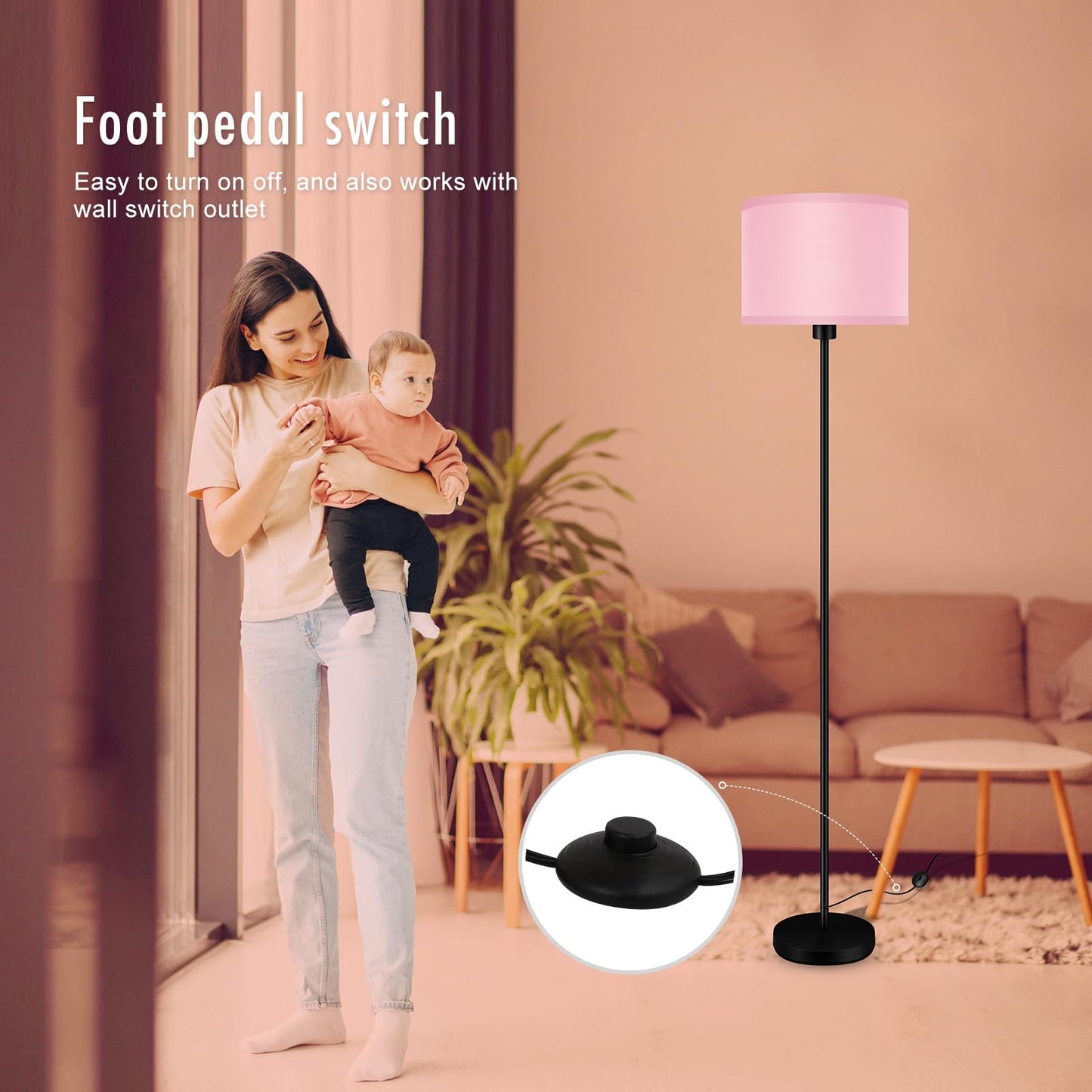 Floor Lamp Black, Standing Lamp, 58" Tall Lamps for Living Room, Simple Pole Lamp with Black Lampshade, On/Off Foot Pedal, Bright Dimming Light for Kids Room Bedroom Office Decor(Without Bulbs)