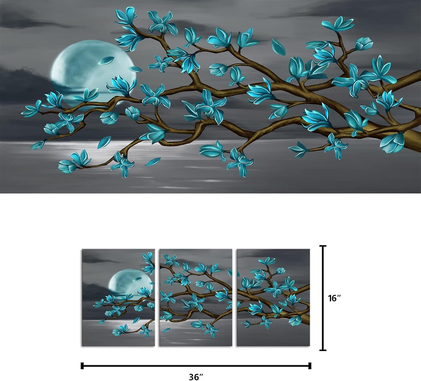 Visual Art Decor Turquoise Flowers Wall Art Teal Magnolia Full Moon Sea Seascape Canvas Prints, Framed Art, Turquoise Bedroom Living Room Home Office Decoration 3 Pieces
