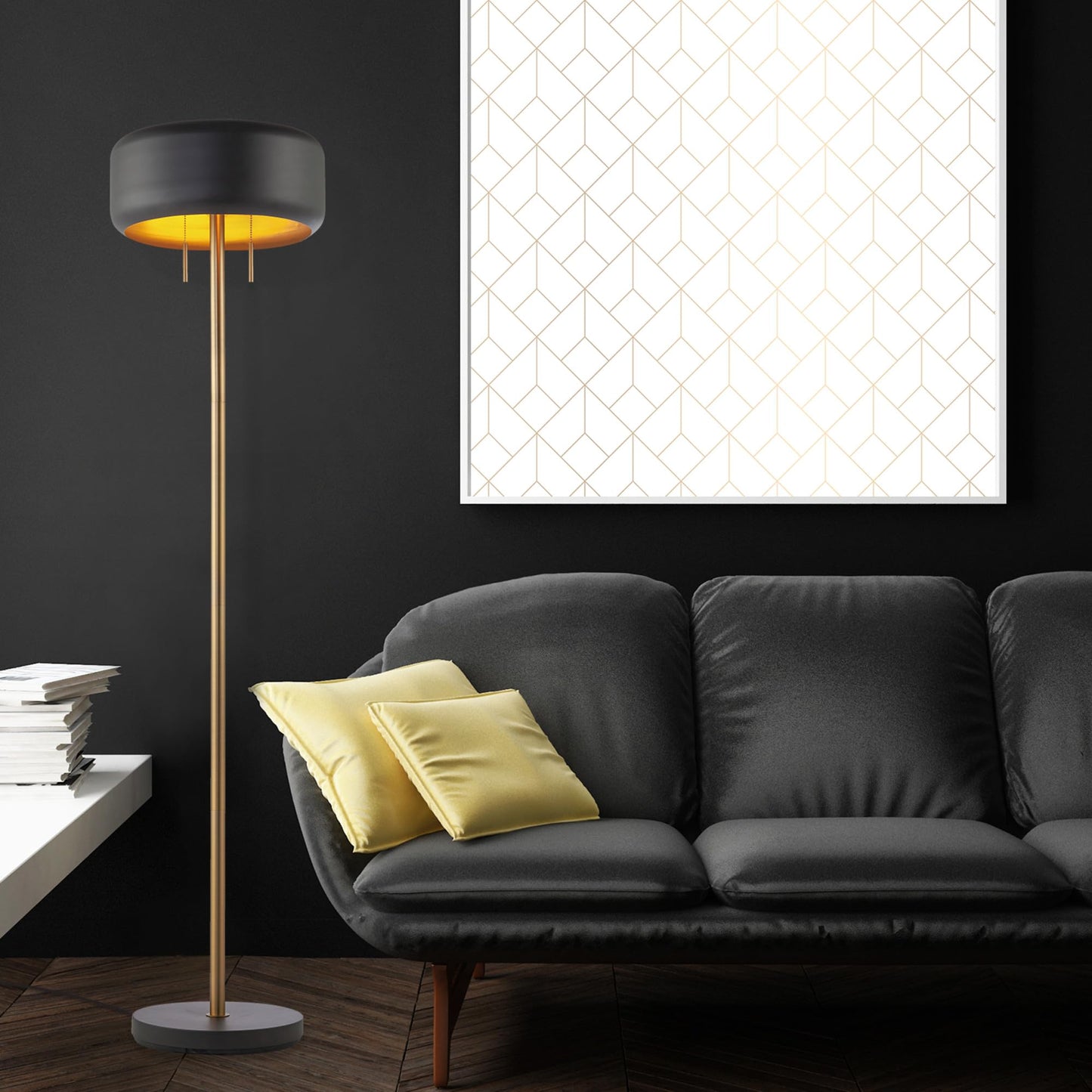 GLOBE Electric Novogratz x Harrington 65" Floor Lamp, 2-Tone Faux Wood Base, White Fabric Shade, Socket Rotary Switch 67225