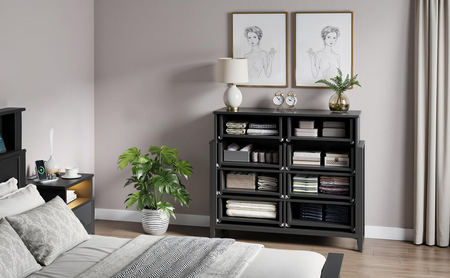 LGHM Fluted Gray Dresser for Bedroom, 50" Wide Chest of Drawers, Modern 6 Deep Drawers Dresser with Raised H Legs -Curved Profile Design, Easy Round Handles for Bedroom,Livingroom, Hallway, Gray
