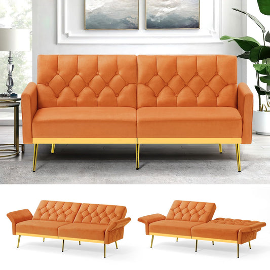 Velvet Sofa Bed w/Adjustable Armrests and Backrests, Modern Convertible Sleeper Sofa, Tufted Futon Sofa for Bedroom, Living Room, Apartment, Orange