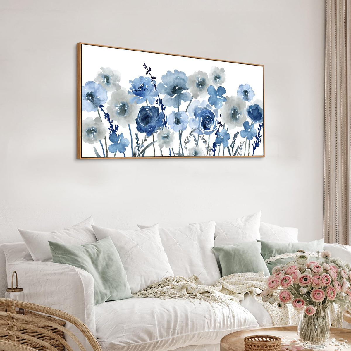 VEAEE Teal Framed Abstract Wall Art - Turquoise Green Colorful Modern Canvas Pictures, Living Room Wall Decor, Contemporary Landscape Painting Prints for Bedroom Bathroom Office Decor 20" x 40"
