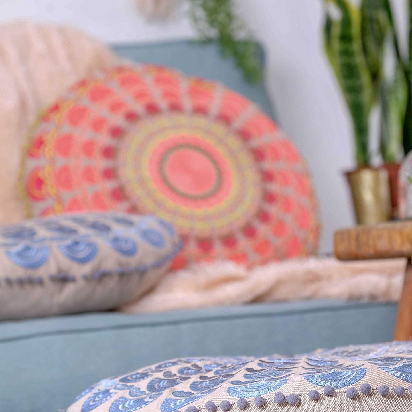Large Round Floor Pillow Cover Blue Indian Décorative Accent Meditation Cushion Perfect for Living Room, Bedroom, Nursary or Children Room Seating Area Stool Footstool Pouf Ottoman 24x8 Unstuffed
