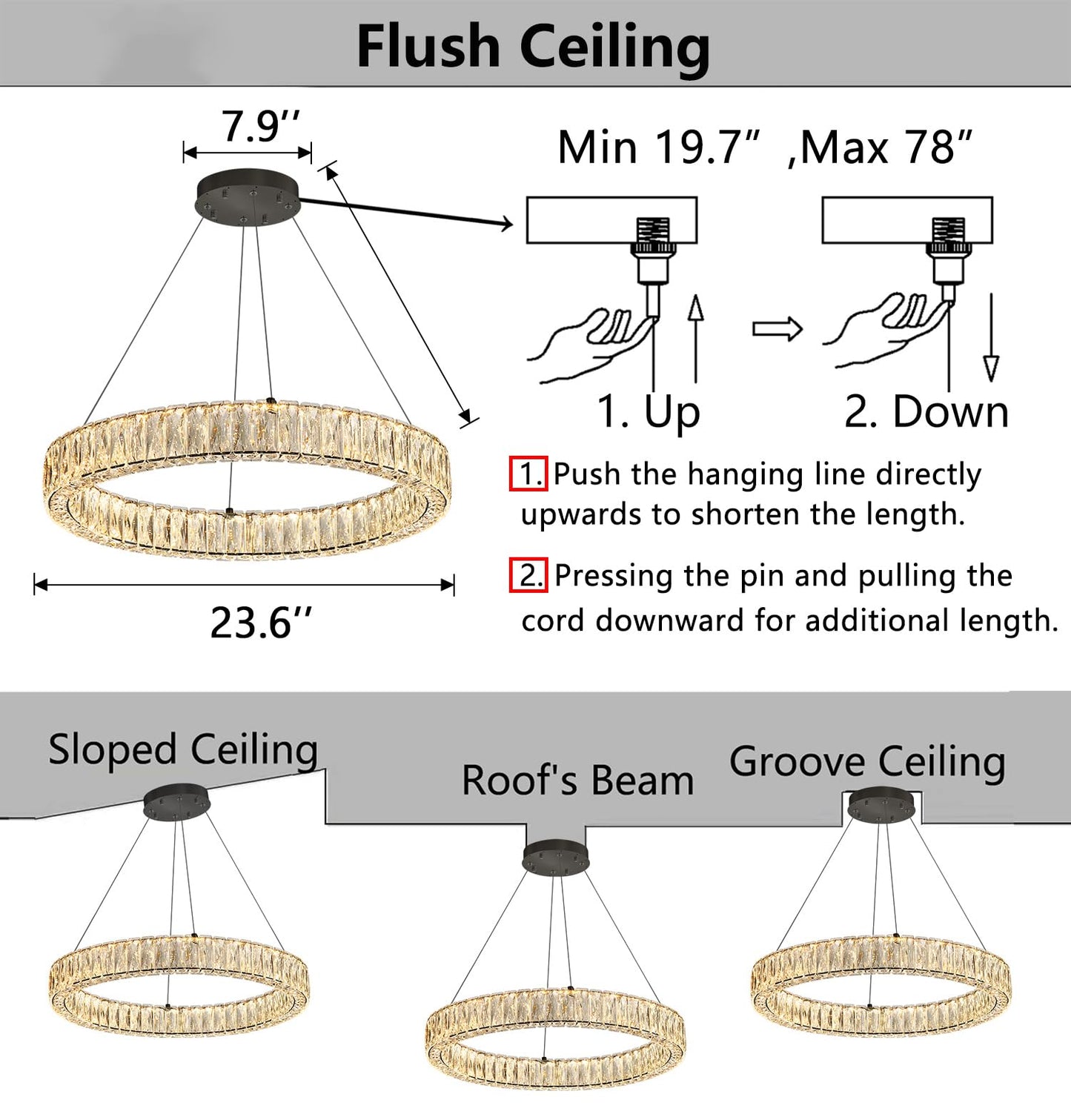 Modern Crystal Chandelier Dimmable LED Ring Pendant Lights Adjustable Glam Chandeliers Lighting Fixtures for Dining Room Living Room Bedroom Silver Light