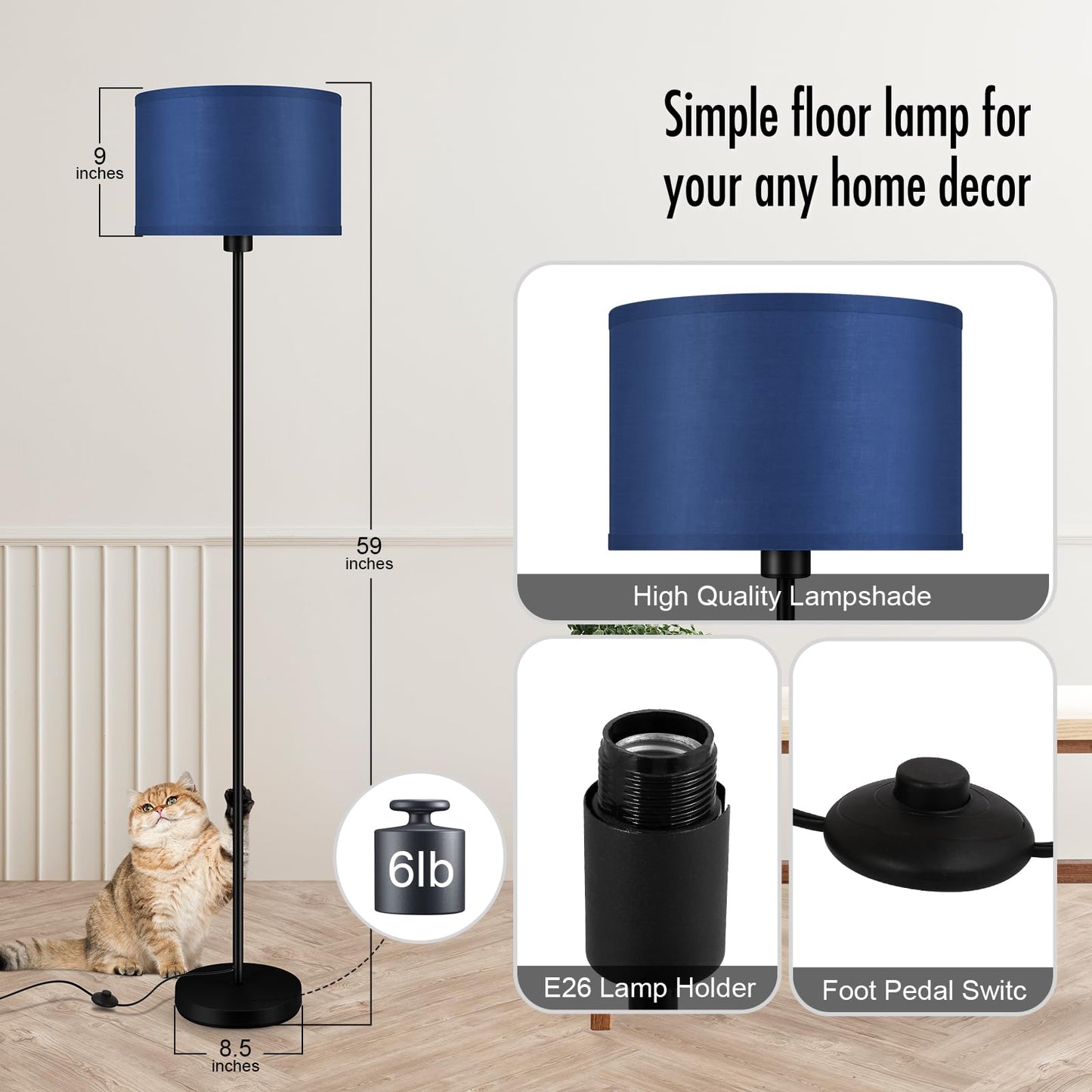 Floor Lamp Black, Standing Lamp, 58" Tall Lamps for Living Room, Simple Pole Lamp with Black Lampshade, On/Off Foot Pedal, Bright Dimming Light for Kids Room Bedroom Office Decor(Without Bulbs)