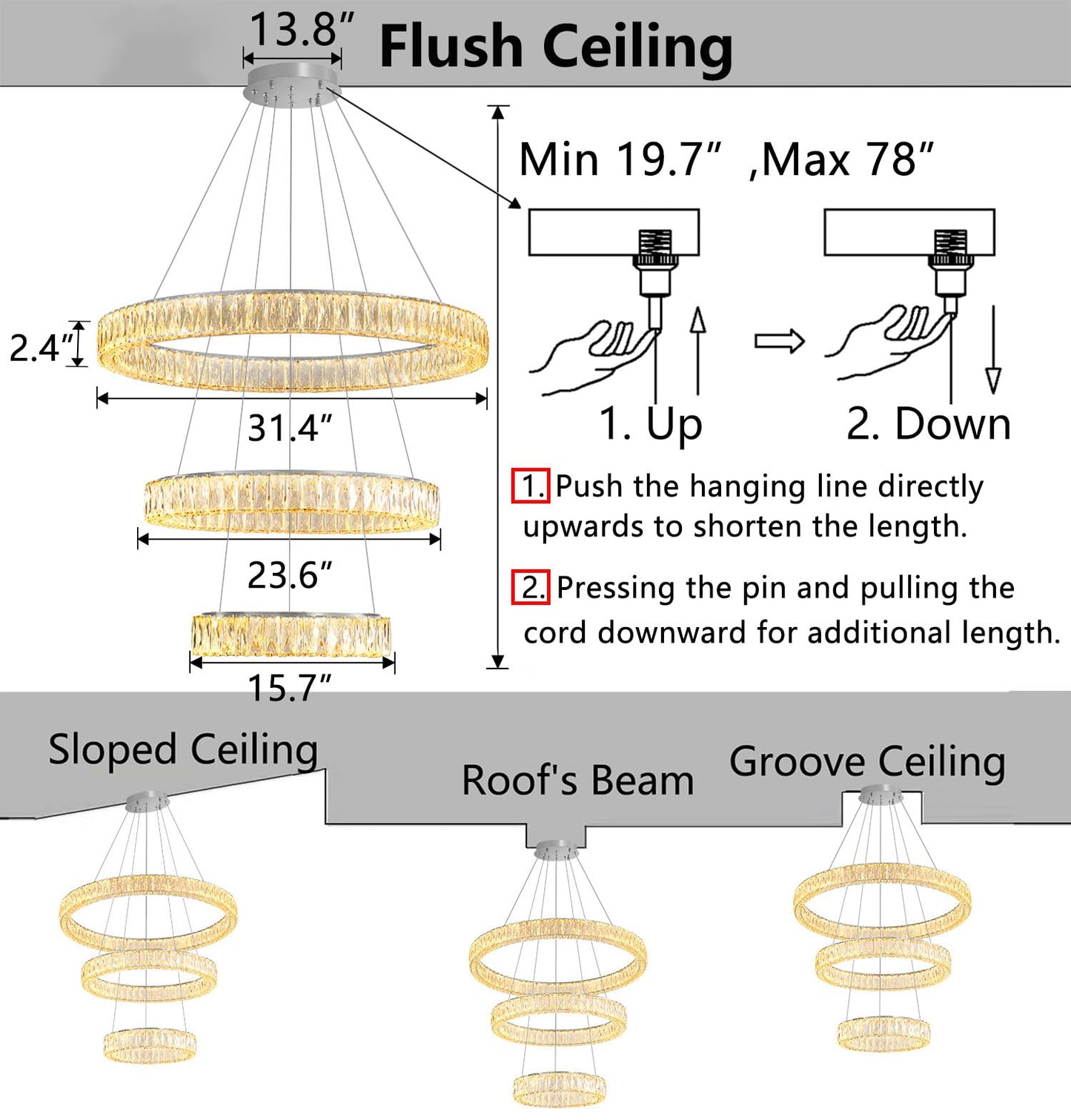 Modern Crystal Chandelier Dimmable LED Ring Pendant Lights Adjustable Glam Chandeliers Lighting Fixtures for Dining Room Living Room Bedroom Silver Light