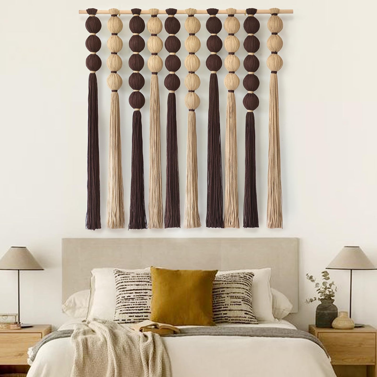 IOWER Macrame Wall Hanging Brown Yarn Beaded Backdrop Boho Wall Decor Round Tassel Home Wall Aesthetic Living Rooms Bedrooms Offices Geometric Art Chic Home Decor 39" W x 55" L