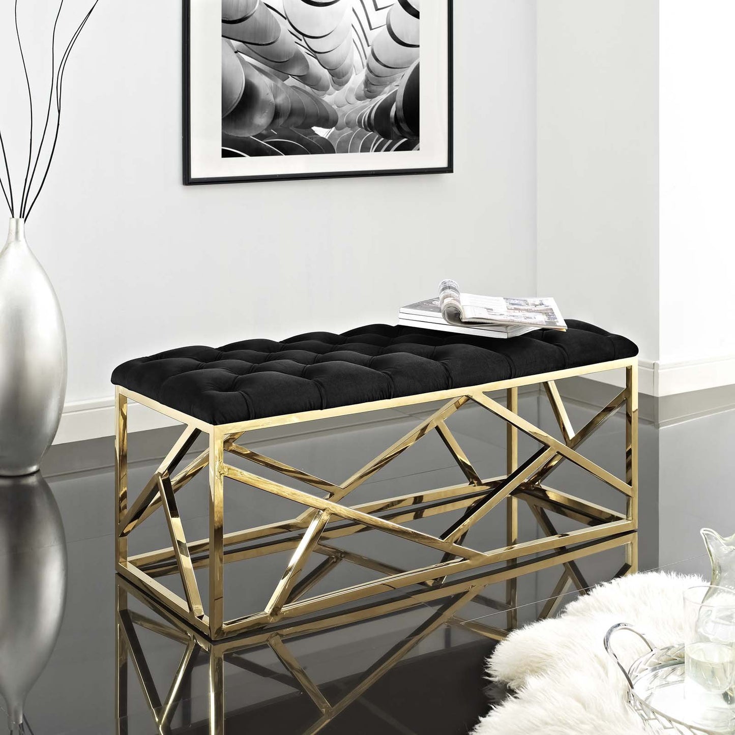 Modway intersperse Button-Tufted Contemporary Modern with Metallic Frame, Bench, Silver Gray