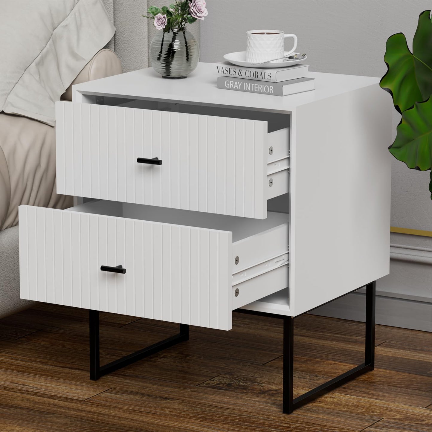 UEV Navy Blue Nightstand Set of 2,Modern Grooved Stripes Bed Side Table with 2 Drawers,Wood End Table with Golden Metal Handles and Pedestal Frame for Bedroom Living Room