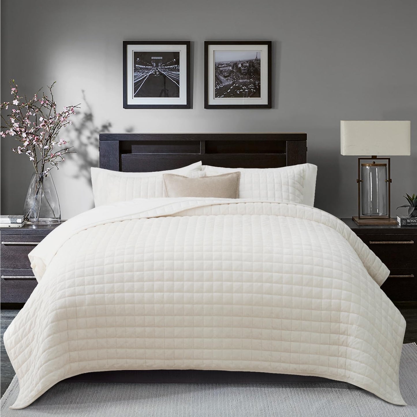 RECYCO Luxury Velvet Quilt Set King Size, Lightweight Velvet Comforter Set, Oversized Bedspread Coverlet Quilted Bedding Set, with 2 Matching Pillow Shams, for All Season, Navy Blue
