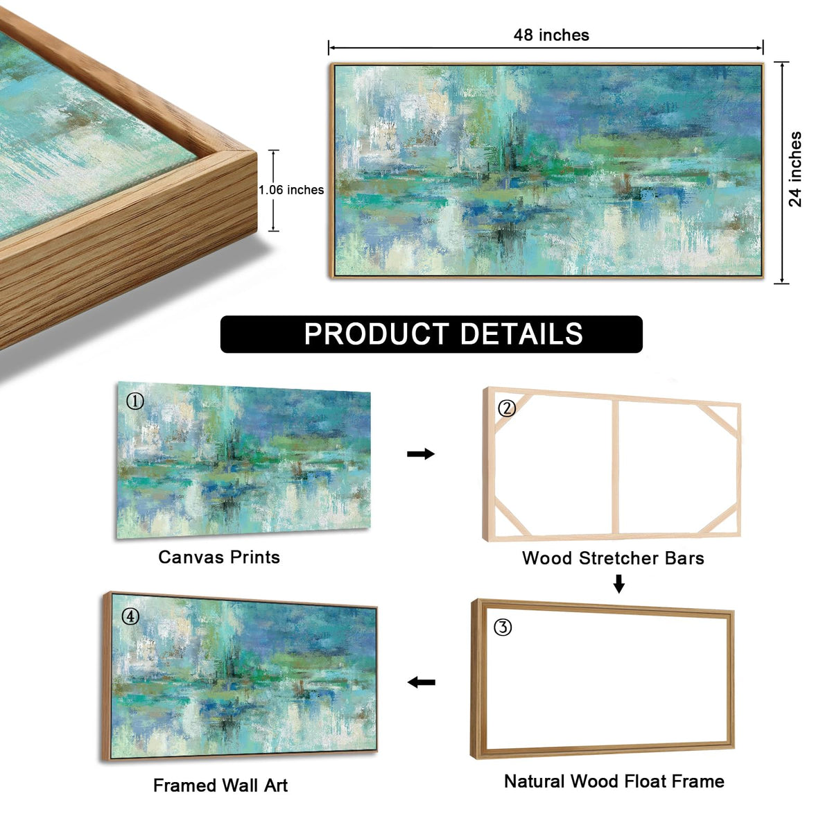 VEAEE Teal Framed Abstract Wall Art - Turquoise Green Colorful Modern Canvas Pictures, Living Room Wall Decor, Contemporary Landscape Painting Prints for Bedroom Bathroom Office Decor 20" x 40"