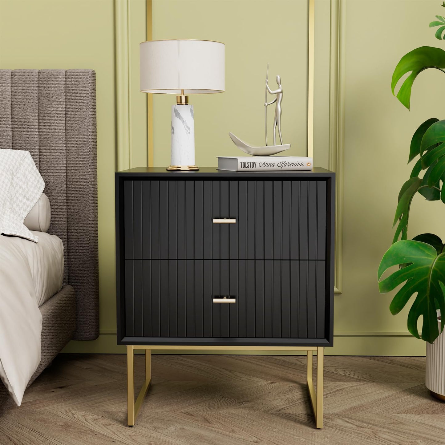 UEV Navy Blue Nightstand Set of 2,Modern Grooved Stripes Bed Side Table with 2 Drawers,Wood End Table with Golden Metal Handles and Pedestal Frame for Bedroom Living Room