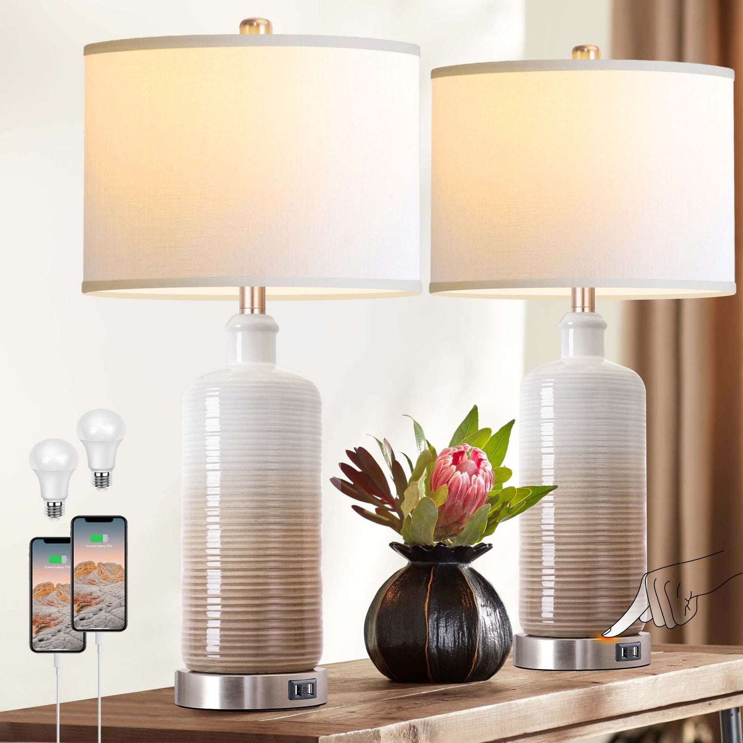 CeramicTable Lamps Set of 2 Lamps for Bedroom Living Room Office 26" Rotary Coastal Bedside Lamp for Nightstand with 2 USB Ports 3-Colors