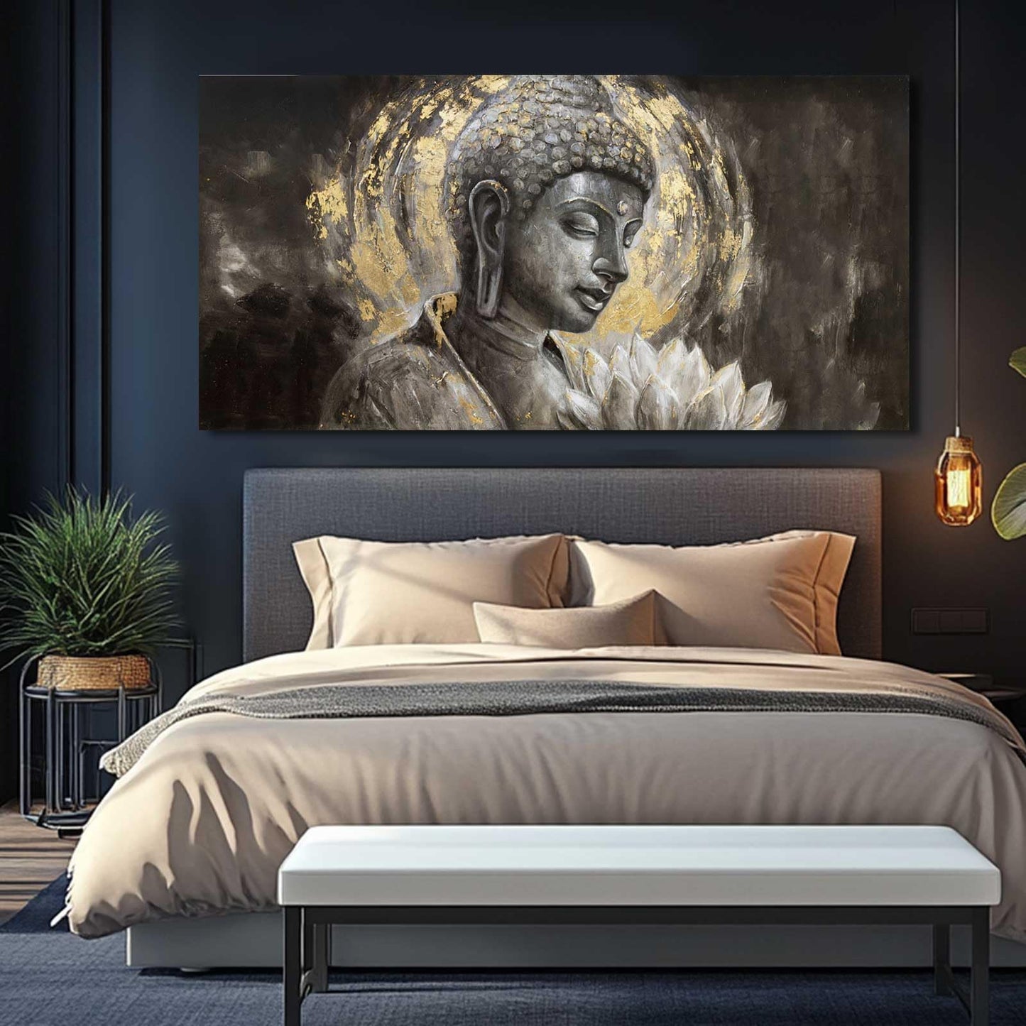 MLART99 Blue and White Abstract Wall Art Grunge Posters Gold Painting for Home Office 29"x 58" Gallery Wall Prints Large Size Artwork for Walls