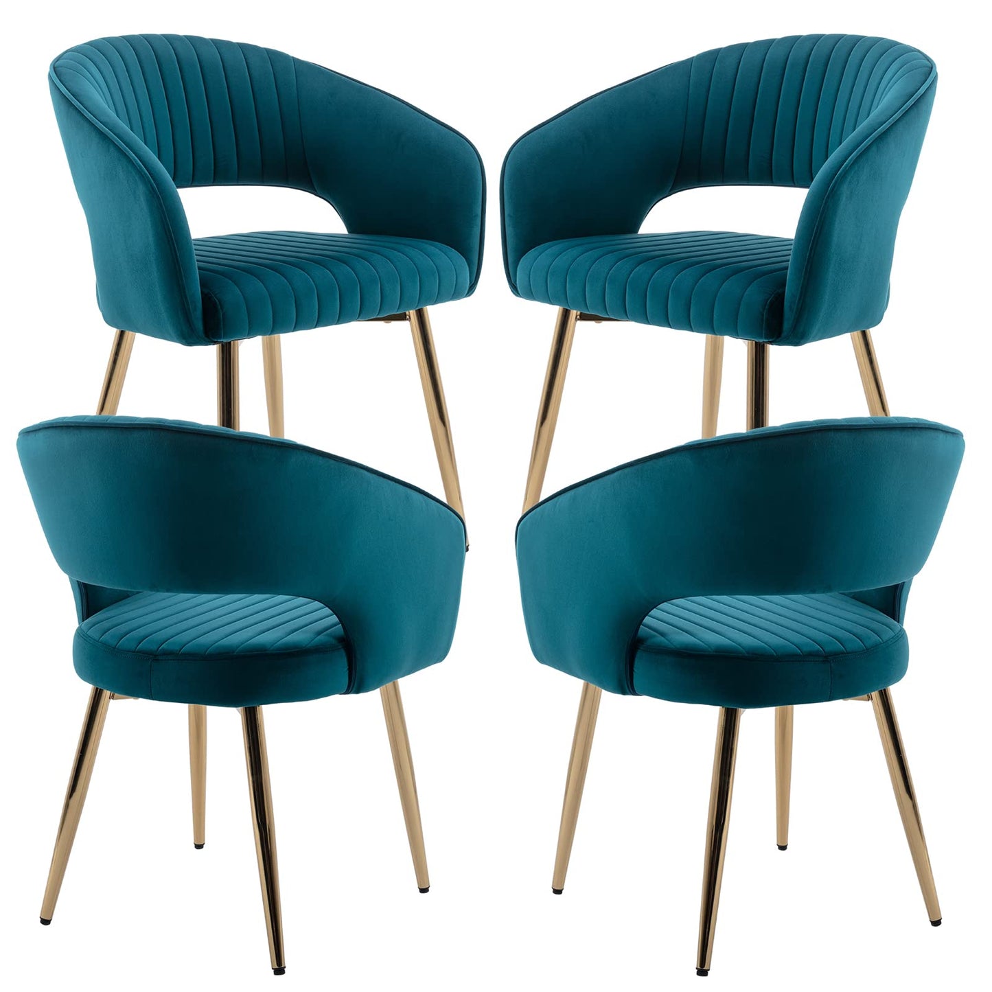 Modern Velvet Dining Chairs Set of 2, Upholstered Gold Dining Chairs with Hollow Back, Dining Room Chairs with Gold Legs, Accent Armrest Kitchen Chairs for Living Room Reception Teal Blue