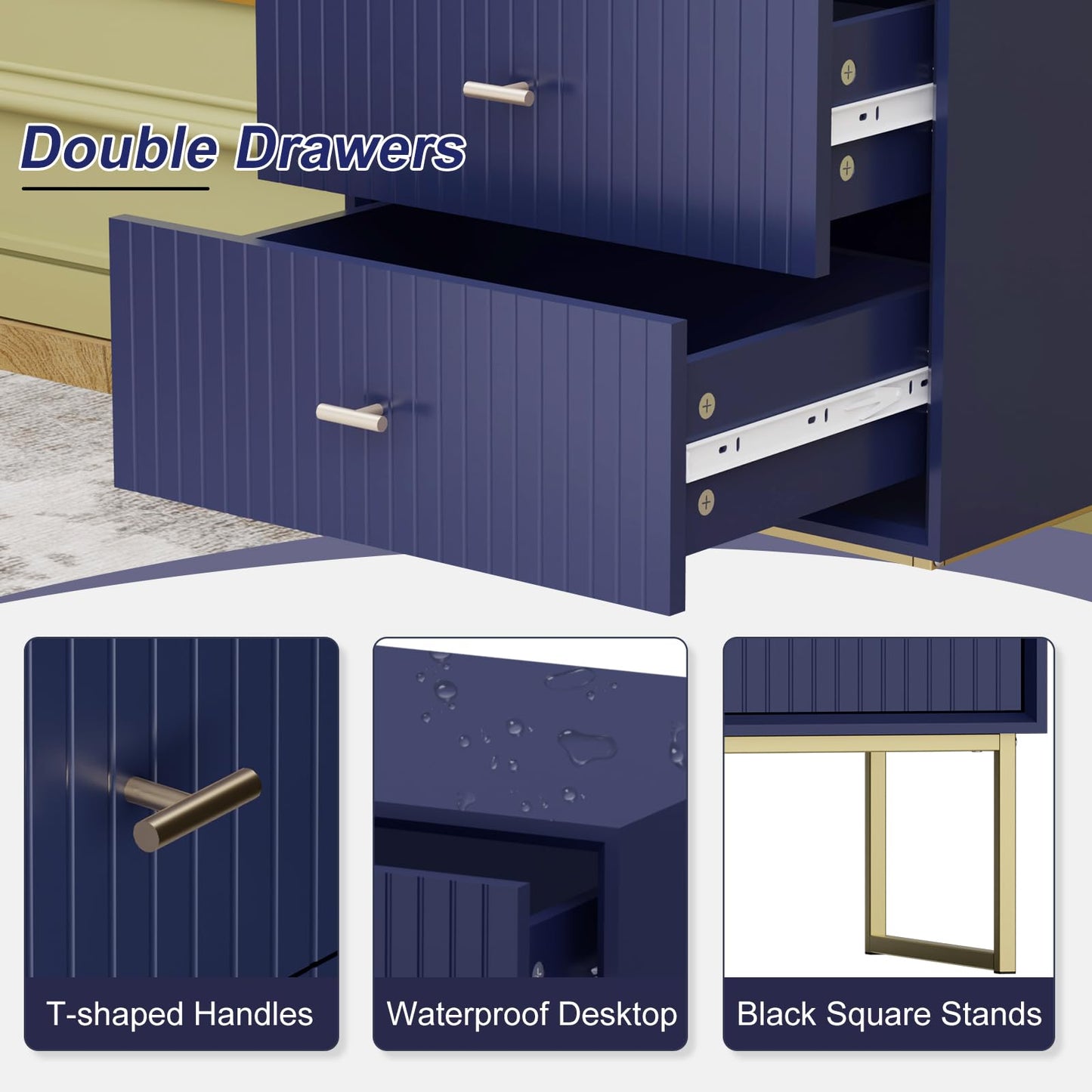 UEV Navy Blue Nightstand Set of 2,Modern Grooved Stripes Bed Side Table with 2 Drawers,Wood End Table with Golden Metal Handles and Pedestal Frame for Bedroom Living Room