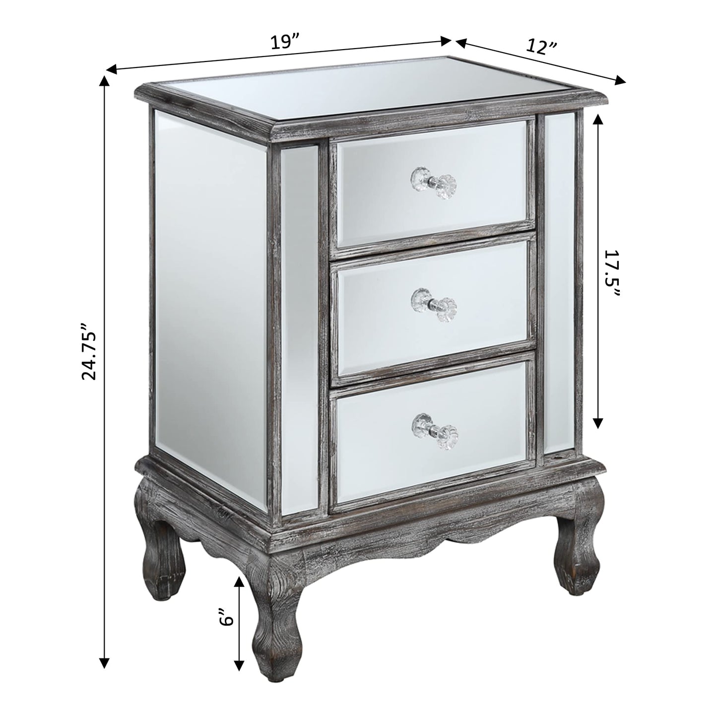 Convenience Concepts Gold Coast Vineyard Mirrored End Table 19" - Living Room Table with 3 Drawers for Storage, Nightstand Side Table, Weathered White/Mirror