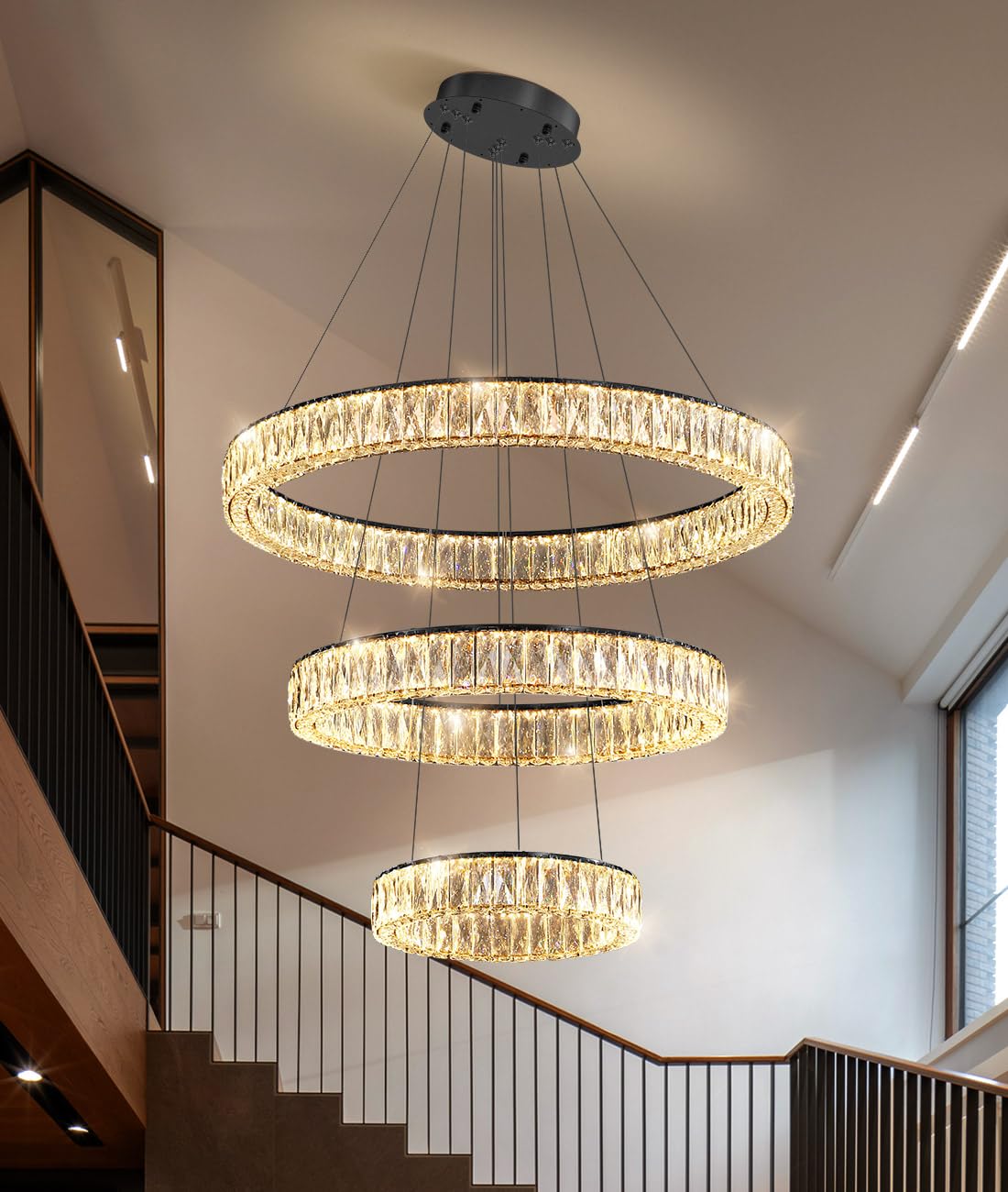 Modern Crystal Chandelier Dimmable LED Ring Pendant Lights Adjustable Glam Chandeliers Lighting Fixtures for Dining Room Living Room Bedroom Silver Light