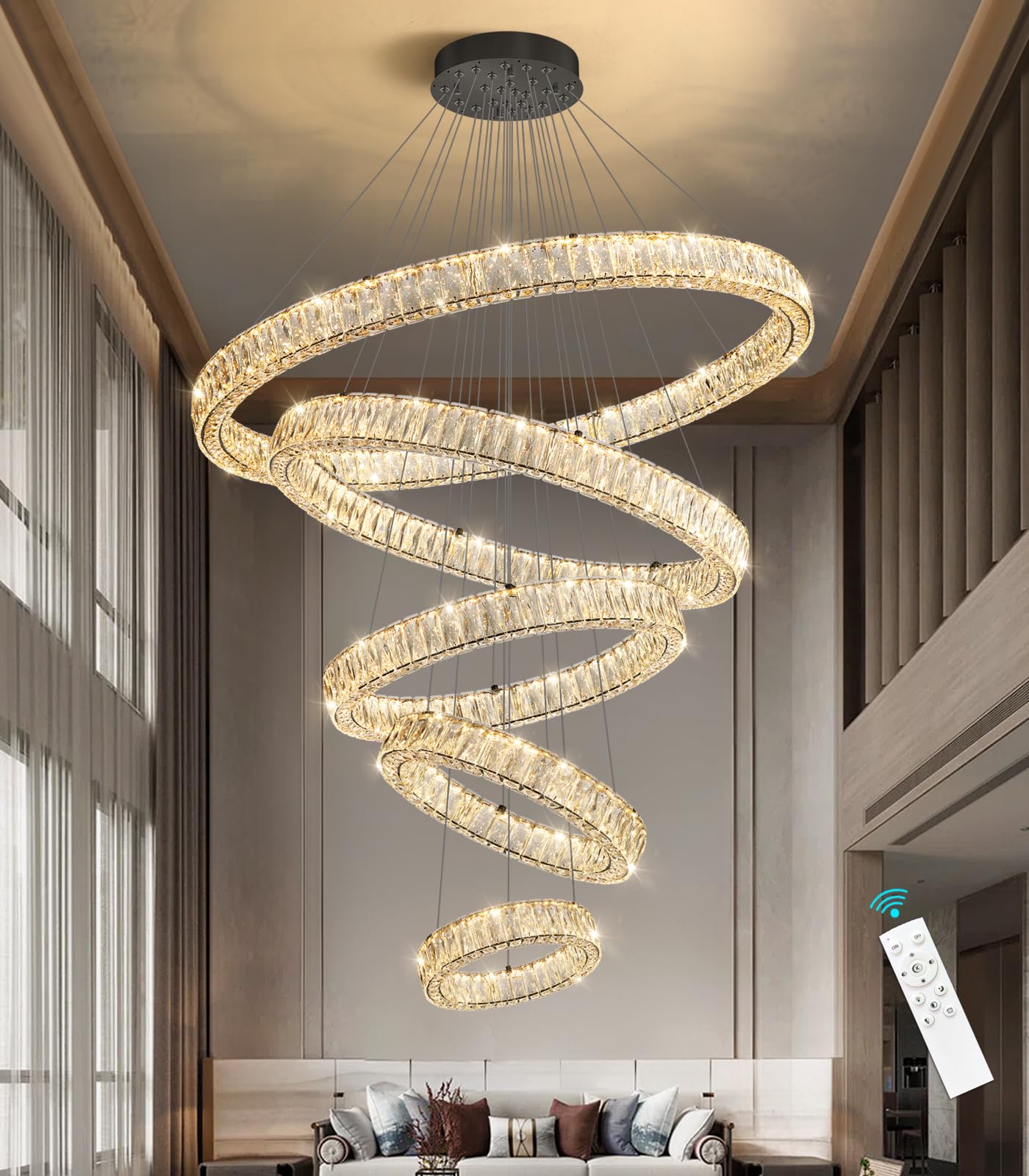 Modern Crystal Chandelier Dimmable LED Ring Pendant Lights Adjustable Glam Chandeliers Lighting Fixtures for Dining Room Living Room Bedroom Silver Light
