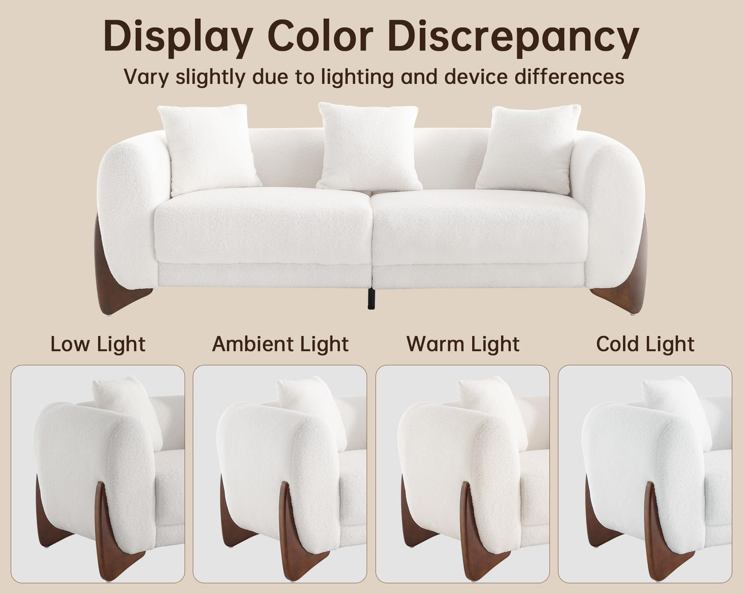 Morden Fort Modern Cloud Couch - 3 Seater Sherpa Boucle Sofa with Wood Legs, Ultra-Thick High Resilience Cushion with 3 Matching Pillows Upholstered Comfy Couch Sofa for Living Room - Off White