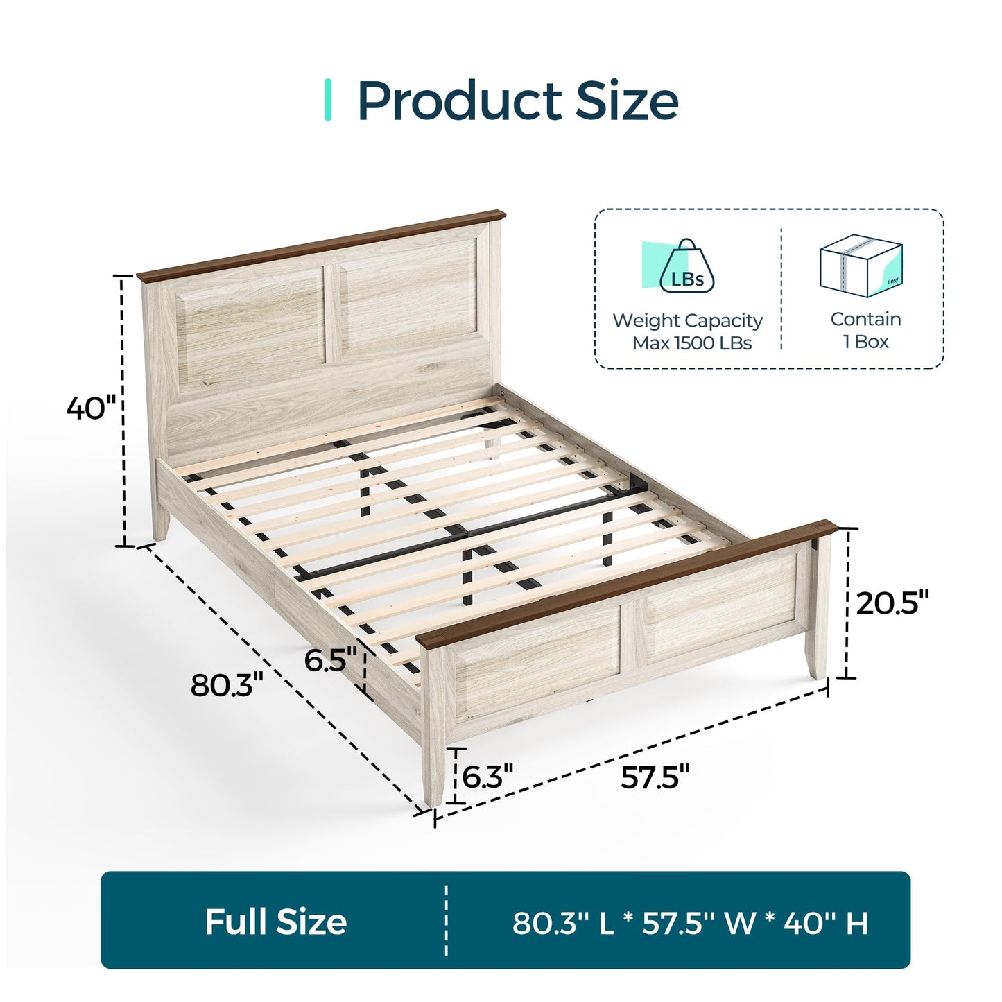 LINSY Wood Full Size Bed Frame with High Headboard, Farmhouse Bed Frame Full, Wood Bed Noise-Free, No Box Spring Needed - Grey