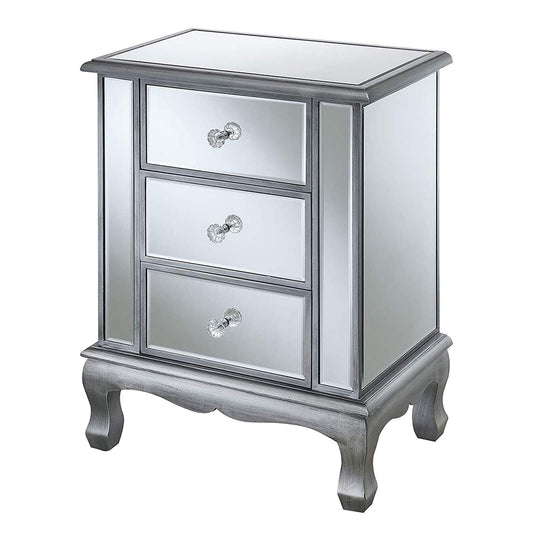 Convenience Concepts Gold Coast Vineyard Mirrored End Table 19" - Living Room Table with 3 Drawers for Storage, Nightstand Side Table, Weathered White/Mirror