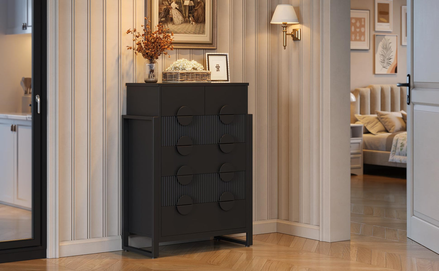 LGHM Fluted Gray Dresser for Bedroom, 50" Wide Chest of Drawers, Modern 6 Deep Drawers Dresser with Raised H Legs -Curved Profile Design, Easy Round Handles for Bedroom,Livingroom, Hallway, Gray