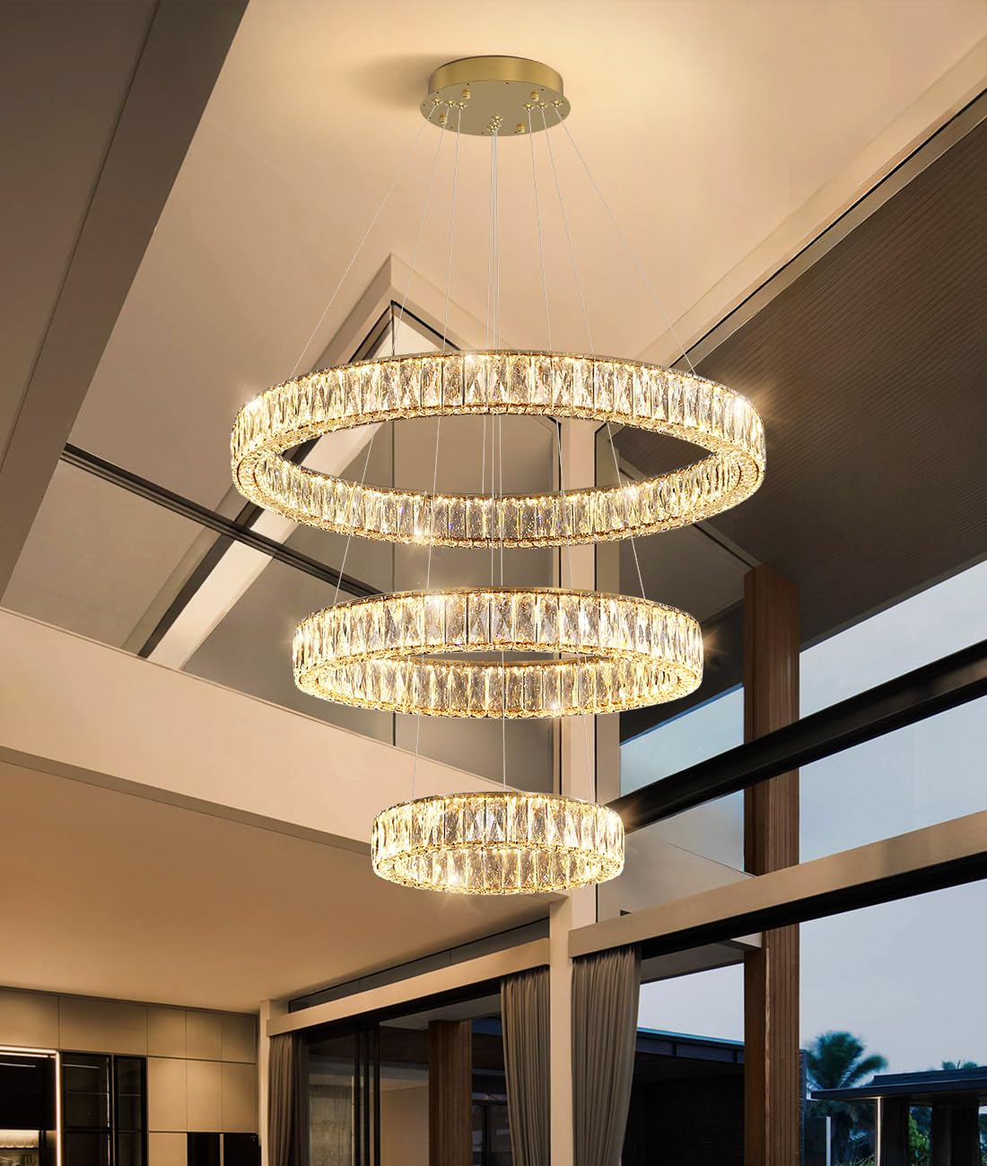Modern Crystal Chandelier Dimmable LED Ring Pendant Lights Adjustable Glam Chandeliers Lighting Fixtures for Dining Room Living Room Bedroom Silver Light