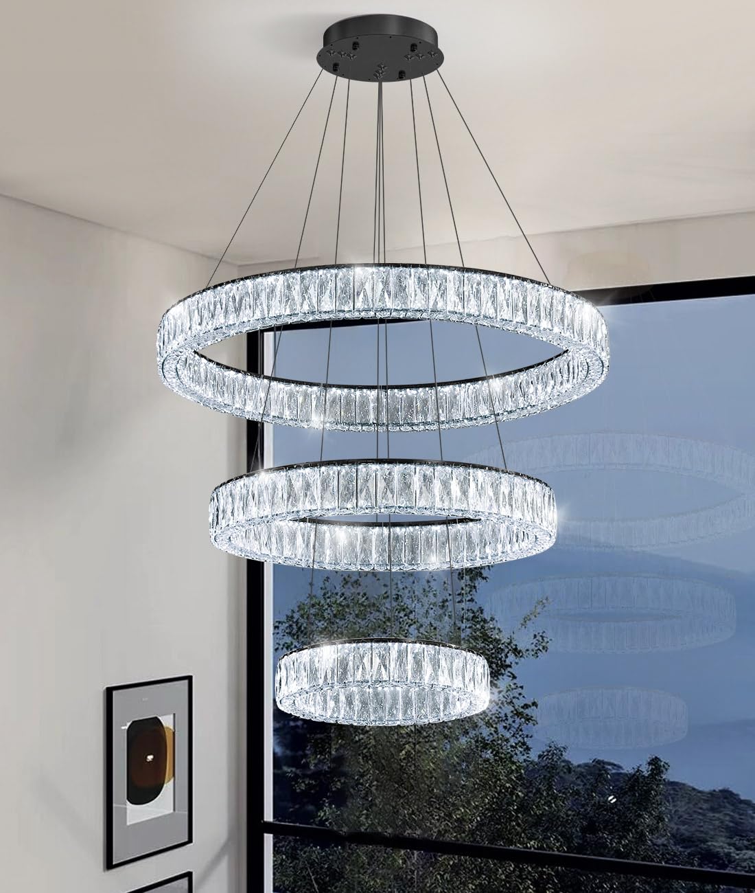 Modern Crystal Chandelier Dimmable LED Ring Pendant Lights Adjustable Glam Chandeliers Lighting Fixtures for Dining Room Living Room Bedroom Silver Light