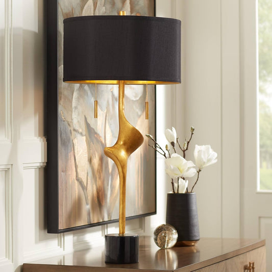 Possini Euro Design Athena Mid Century Modern Buffet Table Lamp 35 1/2" Tall Skinny Sculptural Gold Leaf Metal Abstract Black Drum Shade Decor Bedroom Living Nightstand Bedside Office Kids Room