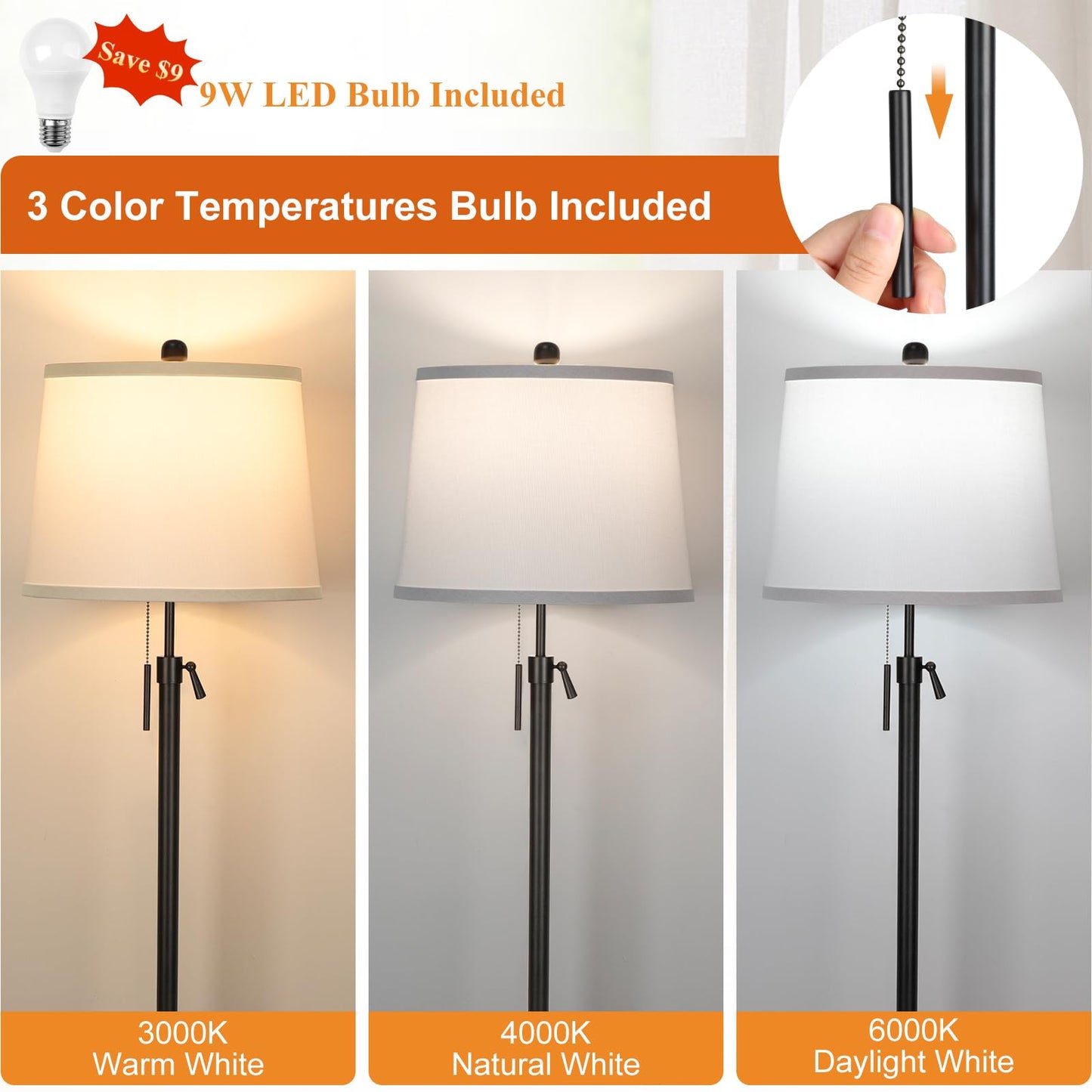 Floor Lamp for Living Room,Adjustable Height Standing Lamp,Dimmable Modern Floor Lamps for Bedroom Office Tall Floor Lights with Pull Chain Bulb Included-Silver Gray Shade