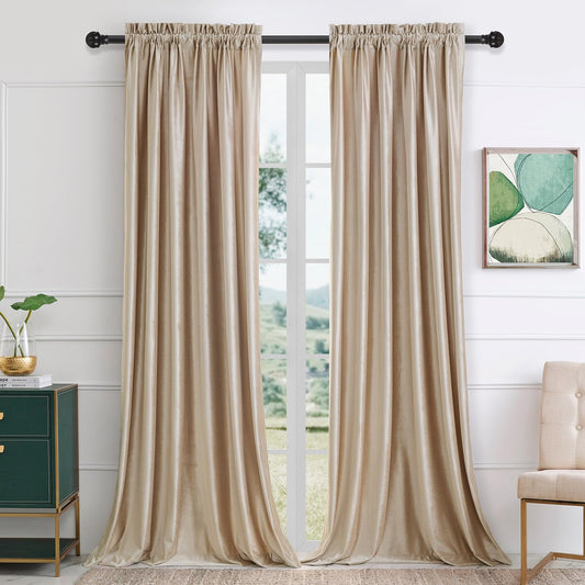 PRIMROSE Velvet Curtains 84 inch for Living Room Champagne Beige Rod Pocket Window Drapes Treatment Semi Room Darkening Decor Curtains for Bedroom Set of 2 Panels