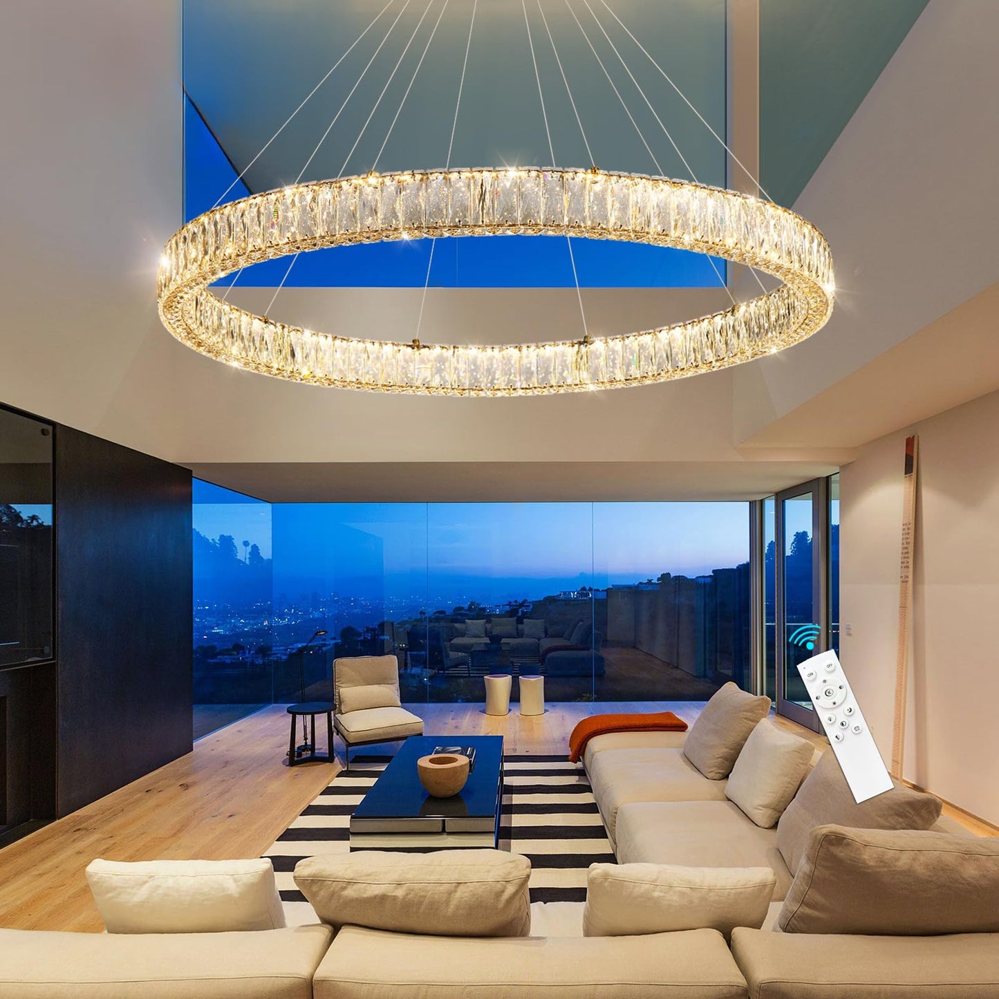 Modern Crystal Chandelier Dimmable LED Ring Pendant Lights Adjustable Glam Chandeliers Lighting Fixtures for Dining Room Living Room Bedroom Silver Light