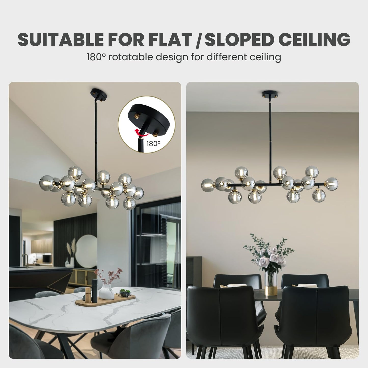 CROSSIO Modern Linear Chandeliers Black 16 Lights Pendant Light Fixtures Bubble Glass Chandelier Mid Century Sputnik Chandelier for Kitchen Island Dining Room