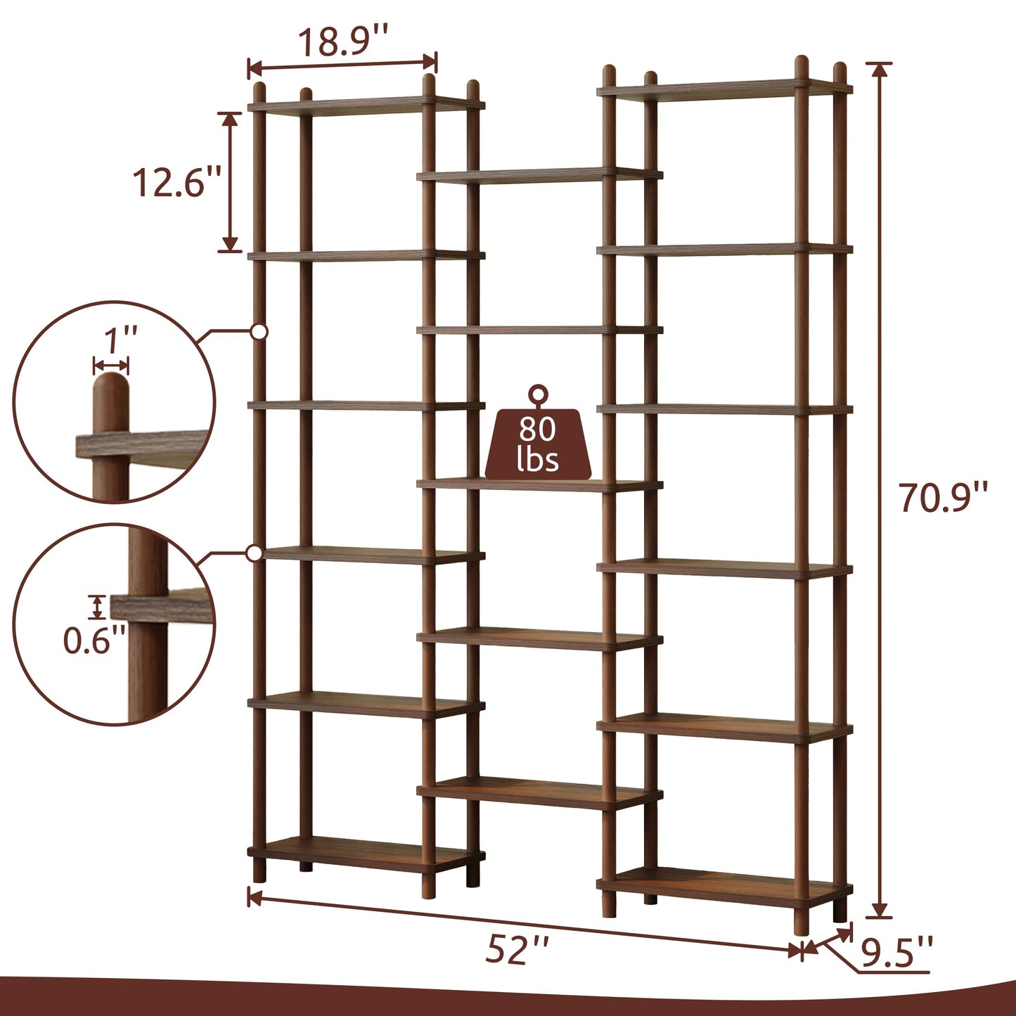 IOTXY Wooden Triple Wide Bookshelf - 5-Tier Large Shelf Bookcase with Solid Beech Frame, Tall Freestanding Open Etagere Display Rack for Home Office, Walnut