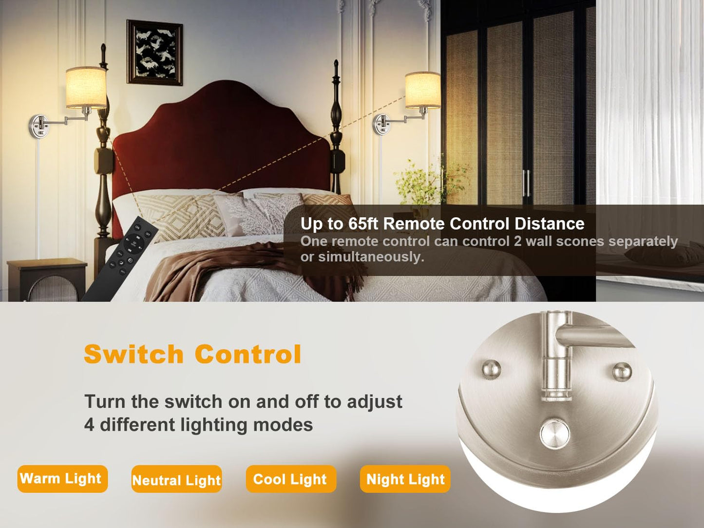 Plug in Wall Sconces with Remote Control, Dimming 10%-100% & Adjustable Colors 2700K-6500K, Hardwire or Plug-in, Swing Arm Wall Lamp with Linen Fabric Shade, Wall Sconces Set of Two, Black Finish