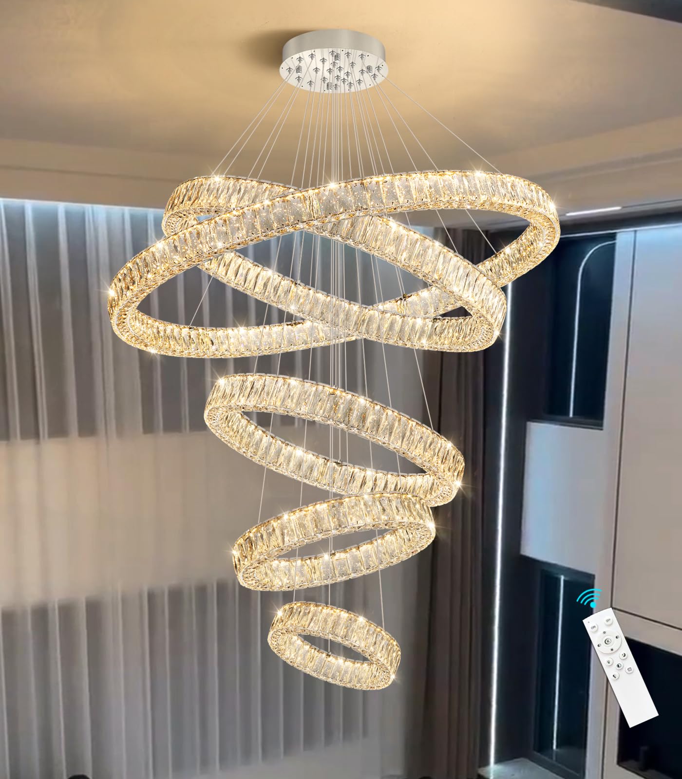 Modern Crystal Chandelier Dimmable LED Ring Pendant Lights Adjustable Glam Chandeliers Lighting Fixtures for Dining Room Living Room Bedroom Silver Light