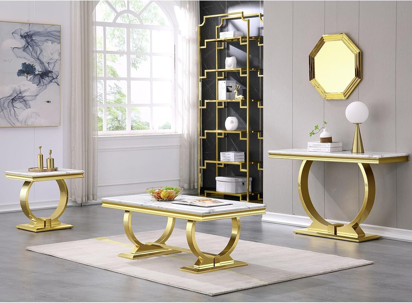Asday Gold and White Coffee Table, Rectangle Marble Living Room Tea Table, Elegant Coffee Table for Living Room, Guest Hall, Reception Room