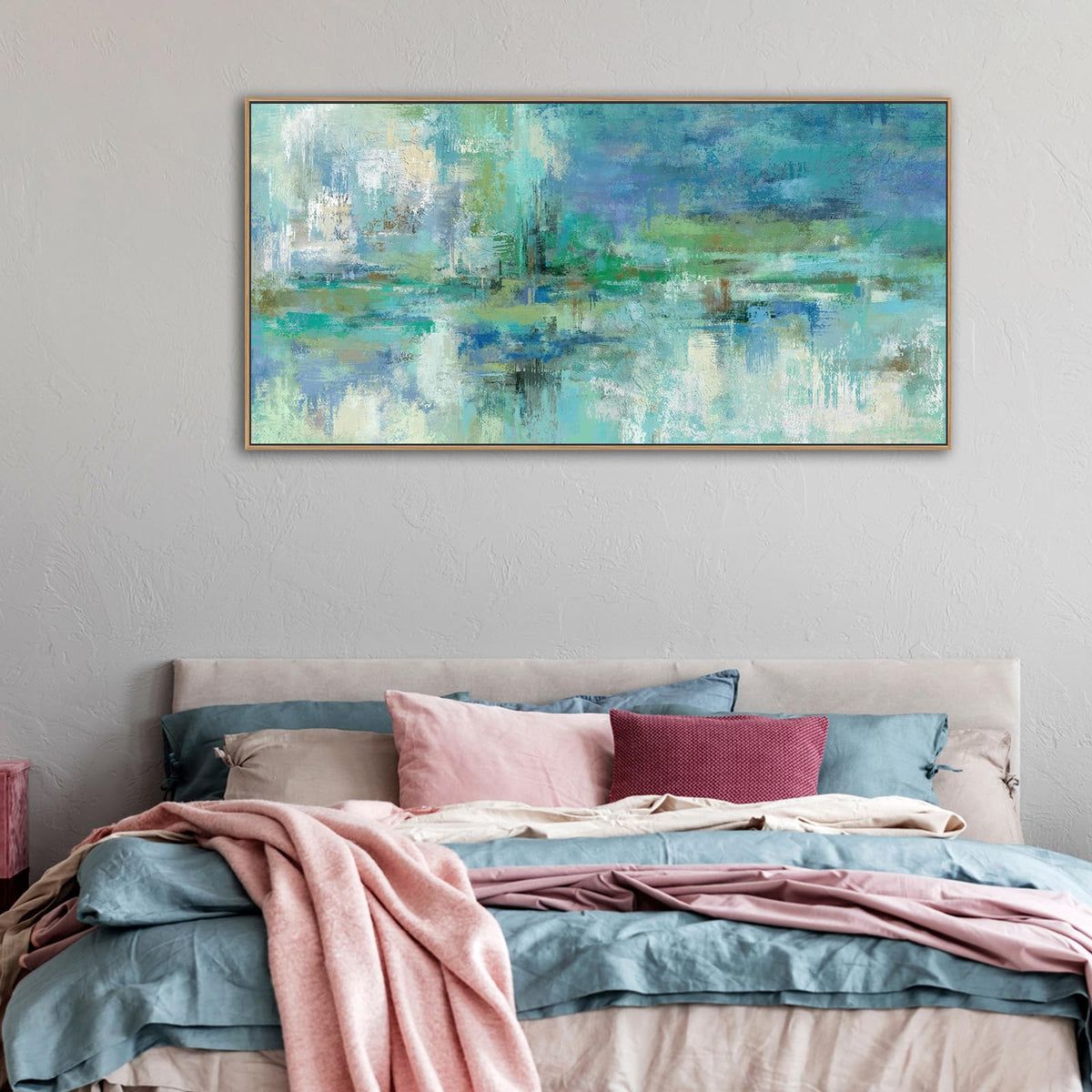 VEAEE Teal Framed Abstract Wall Art - Turquoise Green Colorful Modern Canvas Pictures, Living Room Wall Decor, Contemporary Landscape Painting Prints for Bedroom Bathroom Office Decor 20" x 40"